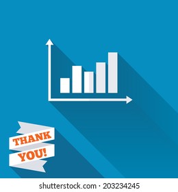 Graph chart sign icon. Diagram symbol. Statistics. White flat icon with long shadow. Paper ribbon label with Thank you text. Vector
