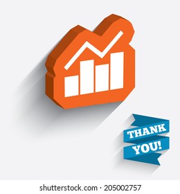 Graph chart sign icon. Diagram symbol. Statistics. White icon on orange 3D piece of wall. Carved in stone with long flat shadow. Vector