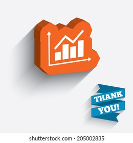 Graph chart sign icon. Diagram symbol. Statistics. White icon on orange 3D piece of wall. Carved in stone with long flat shadow. Vector