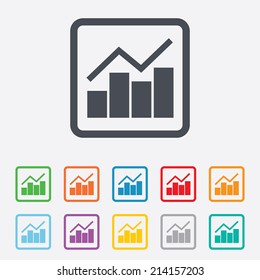 Graph chart sign icon. Diagram symbol. Statistics. Round squares buttons with frame. Vector