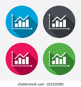 Graph chart sign icon. Diagram symbol. Statistics. Circle buttons with long shadow. 4 icons set. Vector
