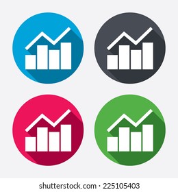 Graph chart sign icon. Diagram symbol. Statistics. Circle buttons with long shadow. 4 icons set. Vector