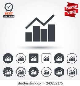 Graph chart sign icon. Diagram symbol. Statistics. Circle, star, speech bubble and square buttons. Award medal with check mark. Thank you ribbon. Vector