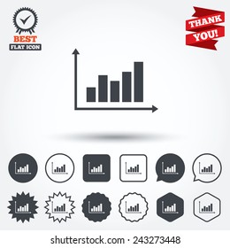 Graph chart sign icon. Diagram symbol. Statistics. Circle, star, speech bubble and square buttons. Award medal with check mark. Thank you ribbon. Vector
