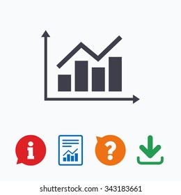 Graph chart sign icon. Diagram symbol. Statistics. Information think bubble, question mark, download and report.