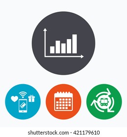 Graph chart sign icon. Diagram symbol. Statistics. Mobile payments, calendar and wifi icons. Bus shuttle.