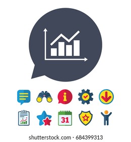 Graph chart sign icon. Diagram symbol. Statistics. Information, Report and Speech bubble signs. Binoculars, Service and Download, Stars icons. Vector