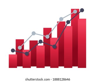 Graph chart sign icon. Row ordered Statistics. Red columns with pointed chart line.