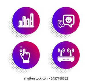 Graph chart, Smile and Touchscreen gesture icons simple set. Halftone dots button. Wifi sign. Growth report, Socila media, Slide down. Internet router. Technology set. Vector