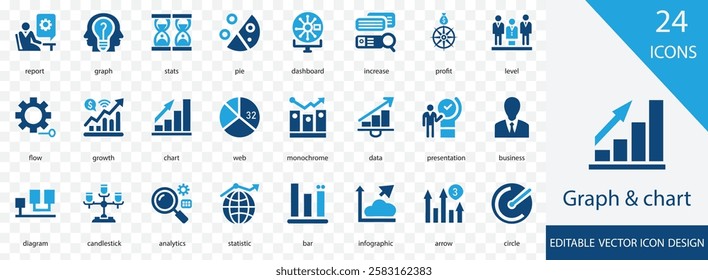 Graph and Chart solid icon set. containing data, graph,  circle,  arrow, web, analytics and more vector design