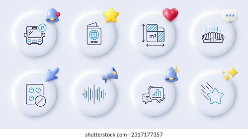 Graph chart, Sound wave and Passport line icons. Buttons with 3d bell, chat speech, cursor. Pack of Arena stadium, Medical tablet, Bus parking icon. Falling star, Floor plan pictogram. Vector