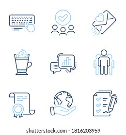 Graph chart, Survey checklist and Group line icons set. Diploma certificate, save planet, group of people. Computer keyboard, Love letter and Latte coffee signs. Vector