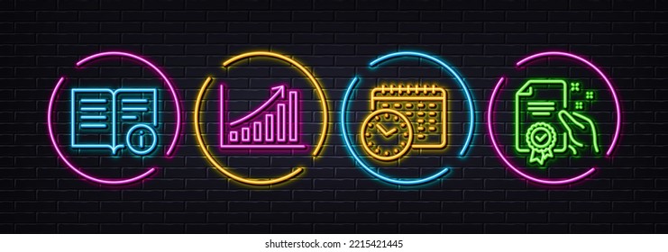 Graph chart, Technical info and Calendar time minimal line icons. Neon laser 3d lights. Certificate icons. For web, application, printing. Growth report, Documentation, Clock. Vector