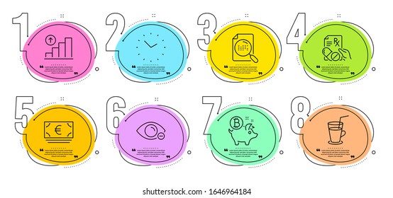 Graph Chart, Time und Cocktail Schilder. Zeitstrahl-Infografik. Bitcoin-Münzen, verschreibungspflichtige Drogen und Euro-Währungslinien-Symbole. Suchdatei, Myopia-Symbole. Schweine Bank, Pillen. Vektorillustration