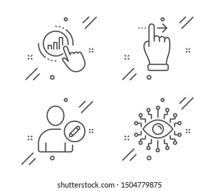 Graph chart, Touchscreen gesture and Edit user line icons set. Artificial intelligence sign. Get report, Slide right, Profile data. All-seeing eye. People set. Line graph chart outline icon. Vector