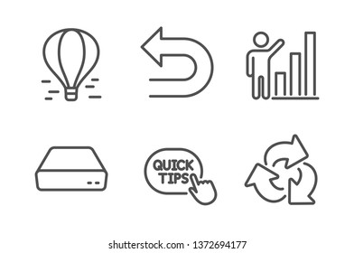 Graph Chart, Undo And Air Balloon Icons Simple Set. Mini Pc, Quick Tips And Recycle Signs. Growth Report, Left Turn. Technology Set. Line Graph Chart Icon. Editable Stroke. Vector