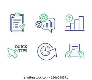 Graph chart, Update time and Approved checklist line icons set. Cogwheel, Quick tips and Receive file signs. Growth report, Refresh watch, Accepted message. Engineering tool. Vector