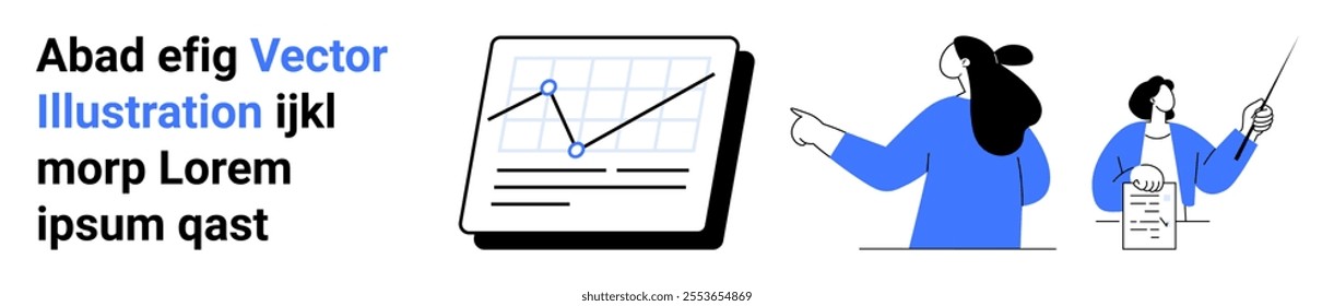 Graph chart with upward trend, two individuals collaborating and presenting. Ideal for business, teamwork, data analysis, presentations, and professional websites. Landing page