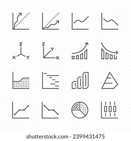 Graph and chart vector icon. Set data to show trend, statistic, forecast i.e. growth, increase, decrease consist of bar, pie, line for concept of financial, business, trade, report. Editable stroke.