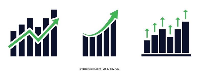 Graph chart vector icon set. Growth increase sign. Economy rise symbol. Increase icon set. Green up arrow graph icon vector set. Vector bar graph icon on white background.
