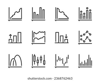 Graph and Chart vector line icons. Graphical Data Report outline icon set. Dot Plot, Statistics, Graphic, Diagram, Flowchart and more.