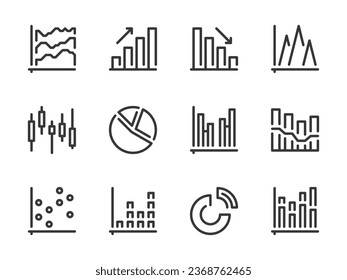 Graph and Chart vector line icons. Graphical Data Report outline icon set. Pie chart, Statistics, Graphic, Diagram, Dot Plot, Flowchart and more.