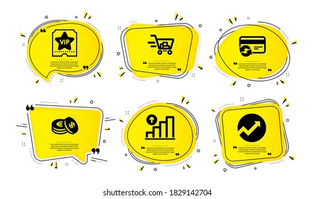 Graph chart, Vip ticket and Shopping cart icons simple set. Yellow speech bubbles with dotwork effect. Change card, Savings and Audit signs. Growth report, Exclusive privilege, Online buying. Vector