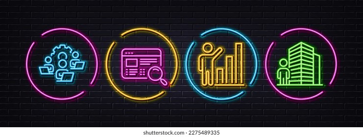 Graph chart, Website search and Teamwork minimal line icons. Neon laser 3d lights. Agent icons. For web, application, printing. Growth report, Find internet, Remote work. Real estate. Vector