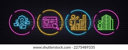 Graph chart, Website search and Teamwork minimal line icons. Neon laser 3d lights. Agent icons. For web, application, printing. Growth report, Find internet, Remote work. Real estate. Vector