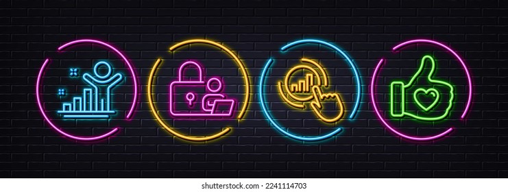 Graph chart, Winner and Lock minimal line icons. Neon laser 3d lights. Like hand icons. For web, application, printing. Get report, Best result, Online security. Thumbs up. Neon lights buttons. Vector