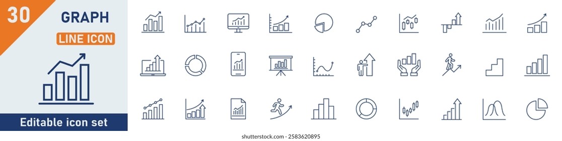 Graph and charts line icon set. Set of 30 outline icons related to graph, charts, candlesticks, bar charts, pie charts and others. Editable stroke. Vector illustration.