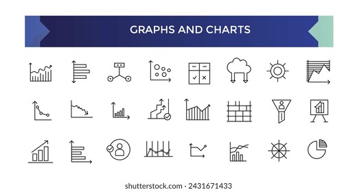 Iconos de línea Graph y Charts. Ilustración vectorial incluye icono - análisis de datos, diagrama, estadística, histograma, esquema de la economía pictograma para la presentación de estadísticas infográficas.