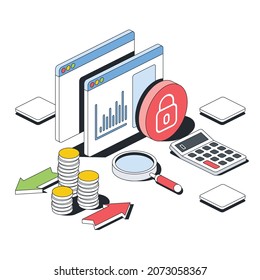 Graph charts lock padlock, money coins arrows, calculator, magnifier search. Vector 3d sketch line isometric style, color icon illustration. Creative design idea and infographics elements.