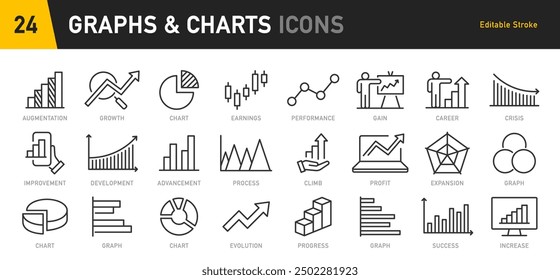 Graph and Charts web icons in line style. Graphics, infographic, statistics, data, diagrams, economy reduction, finance, down or up arrow, business, increase, decrease. Vector illustration.