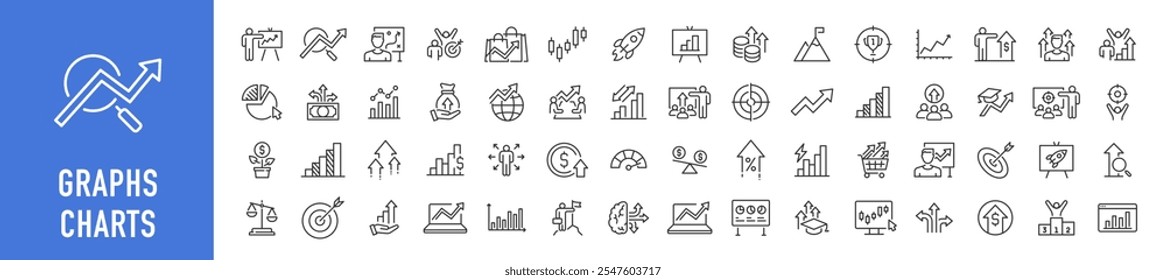 Gráficos y gráficos iconos web en estilo de línea. Gráficos, infografía, estadísticas, datos, diagramas, reducción de la economía, finanzas, flecha hacia abajo o hacia arriba, negocios, aumento, disminución. Ilustración vectorial.