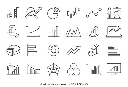 Graph and Charts web icons in line style. Graphics, infographic, statistics, data, diagrams, economy reduction, finance, down or up arrow, business, increase, decrease. Vector illustration.	