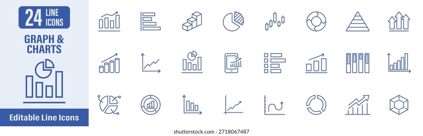 Graph and Charts web icons in line style. Contains icons as graph, charts, diagram, statistics, analytics, data and more. Vector illustration.