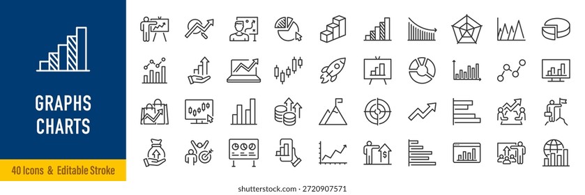 Graph and Charts web icons in line style. Graphics, infographic, statistics, data, diagrams, economy reduction, finance, arrow, business, increase, decrease. Editable stroke. Vector illustration.