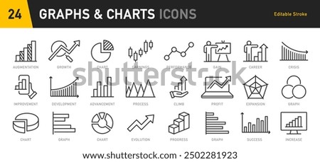 Graph and Charts web icons in line style. Graphics, infographic, statistics, data, diagrams, economy reduction, finance, down or up arrow, business, increase, decrease. Vector illustration.