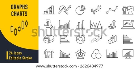 Graph and Charts web icons in line style. Graphics, infographic, statistics, data, diagrams, economy reduction, finance, down or up arrow, business, increase, decrease. Vector illustration.	