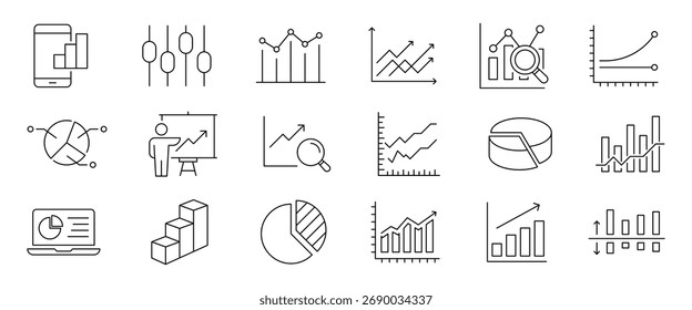 Graph and charts web line icon set. Set of 18 outline icons related to graph, charts, candlesticks, bar charts, pie charts and others. Editable stroke. Vector illustration. 
