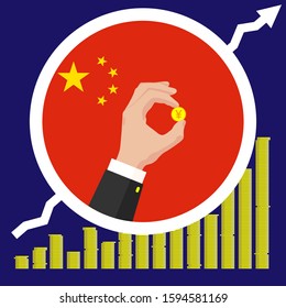 The graph of the China economic growth in the form of piles of gold coins, against the background of the national flag and the hands of a business man in a suit with a golden CNY coin.