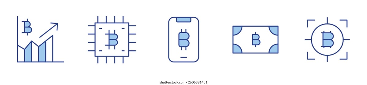 graph, chip, smartphone, money, objective. Bitcoin Icon vector illustration. Line Duotone style. Editable stroke.