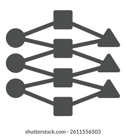 Graph with circle, square and triangle solid icon, neural network concept. Vector graphics. Decision tree, grid training sign on white background, glyph style icon for mobile or web design