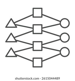 Graph with circle, square and triangle thin line icon, neural network concept. Vector graphics. Decision tree, grid training sign on white background, outline style icon for mobile or web design