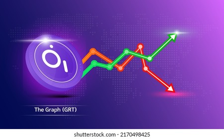 Die Graph-Münze ist lila. Symbol für Kryptowährung mit Börseninvestitionshandel Graphen grün und rot. Geschäftskonzept Wirtschaftstrends 3D-Vektorgrafik.