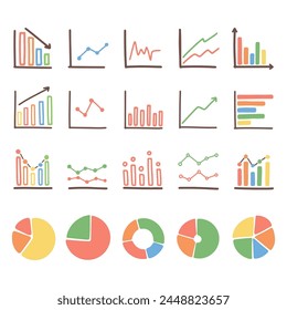 Graph collection data and analytics diagram cartoon hand drawn doodle style. Business concept drawing