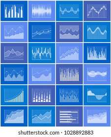 Graph collection poster with diagrams and graphs, falling and rising business data financial charts, vector illustration isolated on blue background