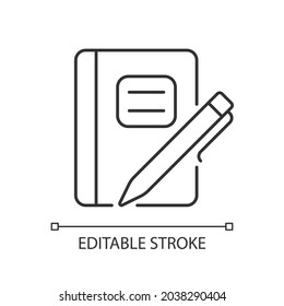 Graph-Komposition-Notebook mit linearem Stift-Symbol. Auftragsbuch. Tägliche Verwendung für Schulnoten. Dünne, anpassbare Illustration. Contour-Symbol. Vektor-einzelne Rahmenzeichnung. Bearbeitbarer Hub