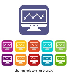 Graph in computer screen icons set vector illustration in flat style in colors red, blue, green, and other
